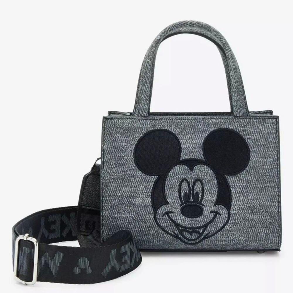 LOUNGEFLY Disney’s Mickey Gray Denim Convertible Crossbody NWT